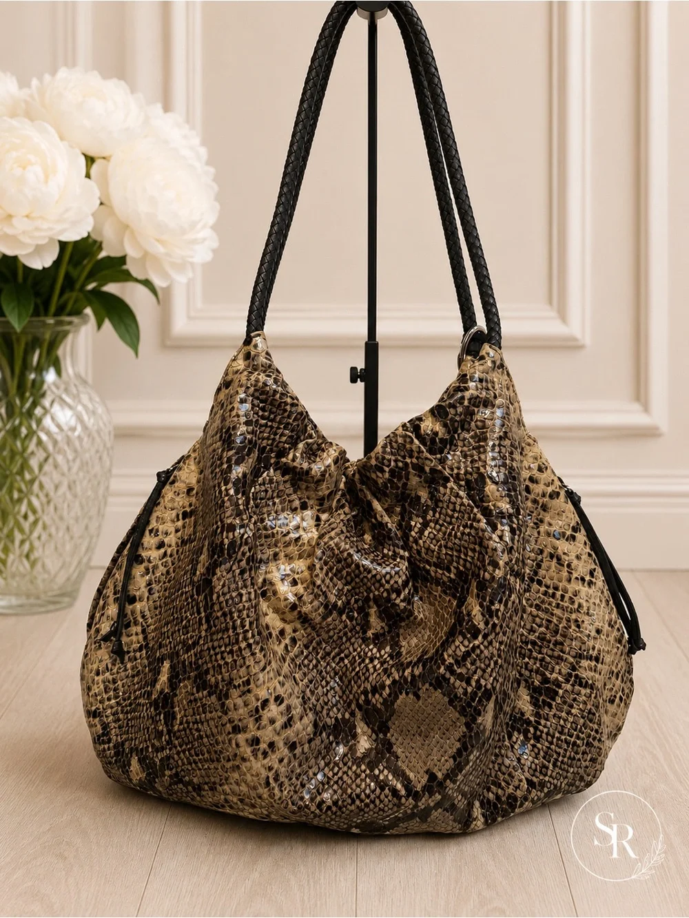 Brighton Nolita Snakeskin Print Leather Hobo Bag Python Tassel Large